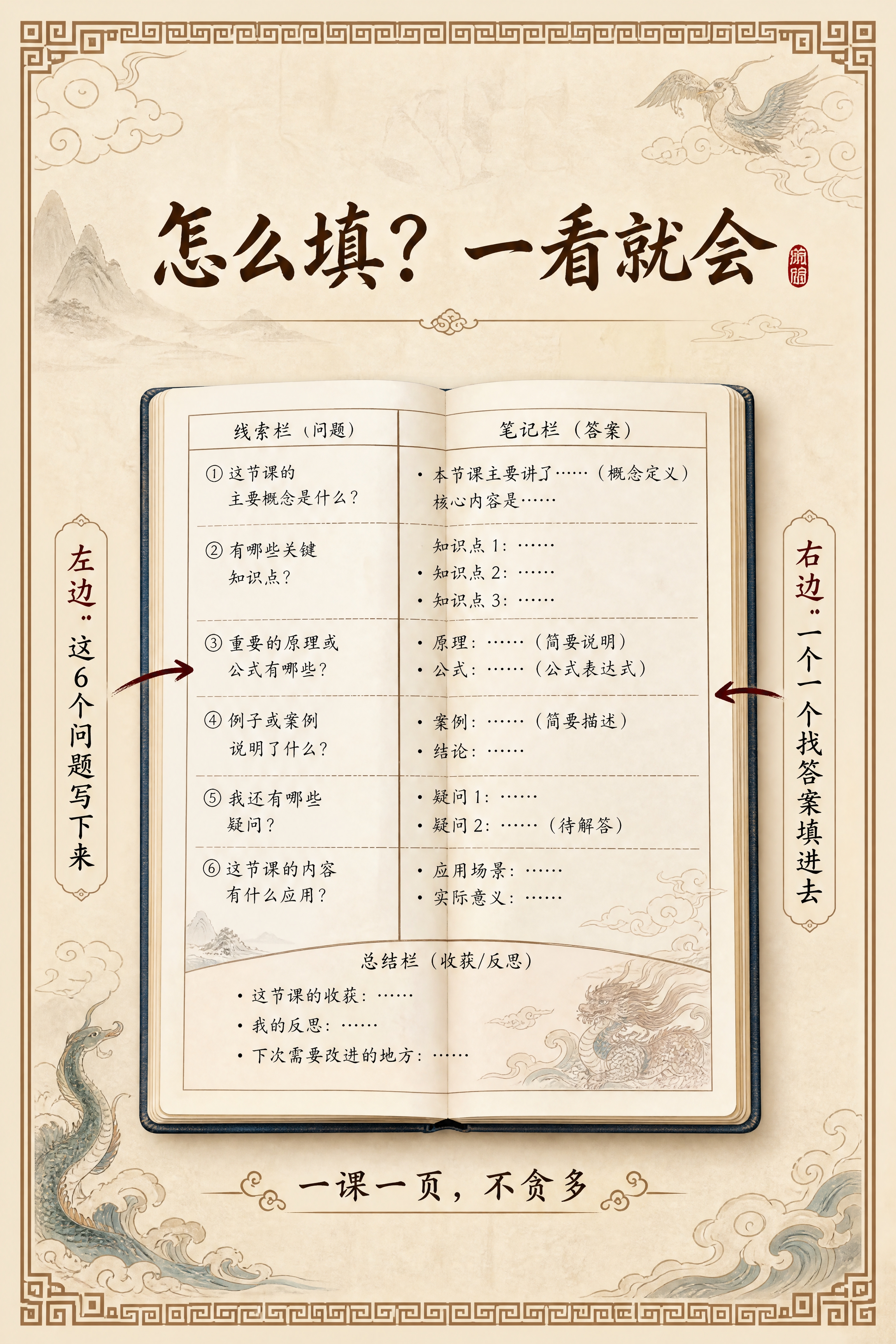 小红书笔记内页，康奈尔本填写示例，国风山海经风格，米黄色宣纸纹… - 图片创意预览