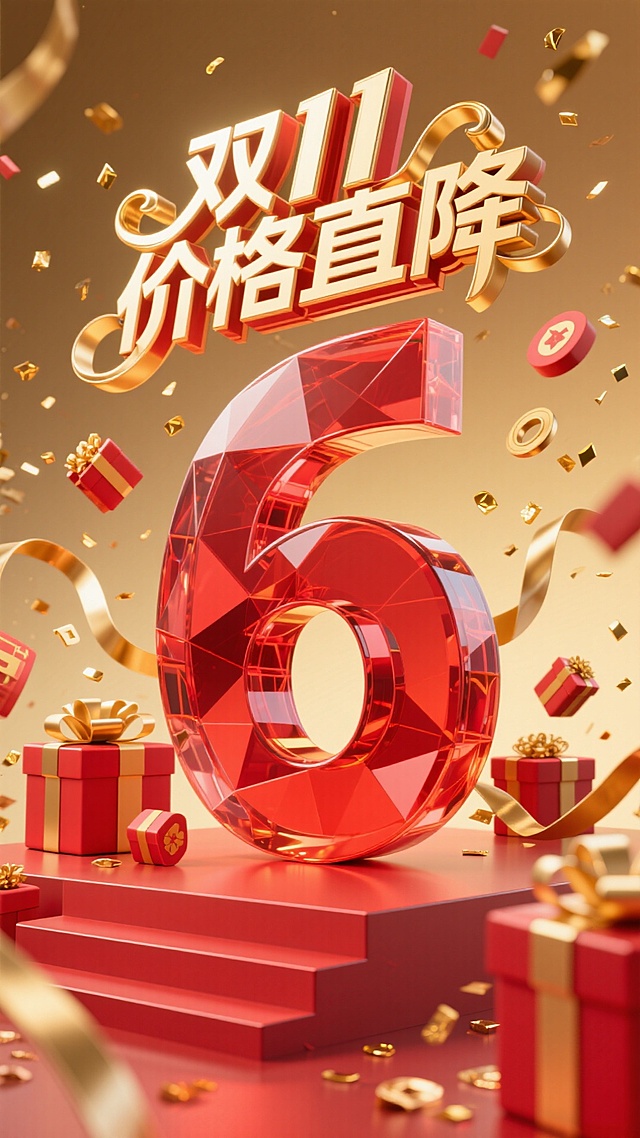 巨大的红色玻璃立体字 “6” ，上方搭配金色 “双11价格直降” 艺术字。周围环绕红金礼盒、金色丝带、碎金片、双11元素，背景为金色渐变，底部有红色阶梯展台，整体风格热烈喜庆