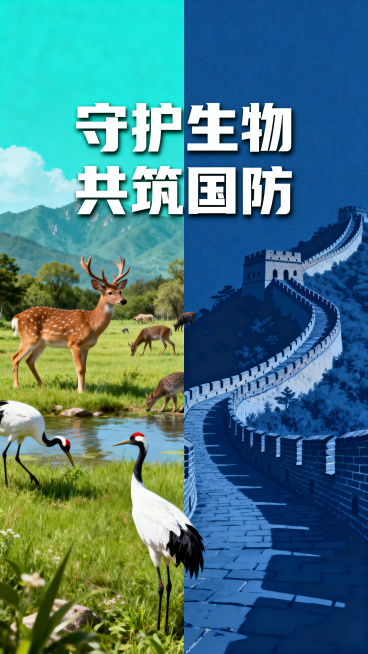 公益宣传海报，主题为守护自然生物与守护国家领土，画面包含自然保护区野生动物和象征国防安全的长城剪影，色调清新庄重，上方有清晰的主题文字"守护生物 共筑国防"，整体风格积极正向，适合公众宣传预览效果