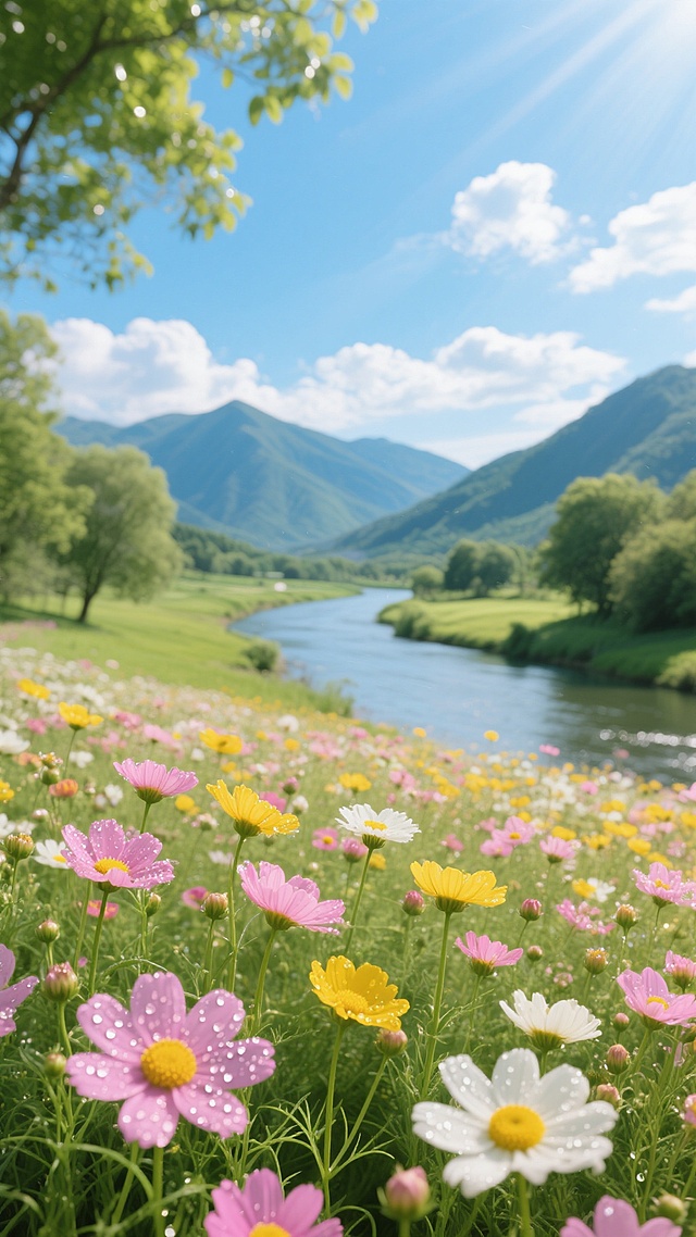 阳光明媚的春日，一片色彩缤纷的花海，前景是盛开的粉色、黄色和白色雏菊，花瓣上带着晶莹的露珠，绿色的花茎和叶子生机勃勃。花海后方是蜿蜒的河流，河水清澈，两岸是绿色的草地和茂密的树木。远处是连绵起伏的青山，山峰在蓝天白云的映衬下显得格外壮丽。天空中飘着几朵白云，阳光透过树叶洒下斑驳的光影，整个画面充满了清新、自然、宁静而又充满生机的氛围，色彩明亮柔和，光影效果细腻，呈现出高度写实的自然风景风格。