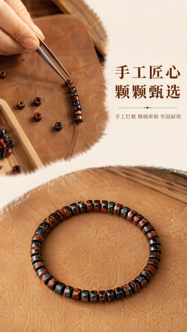 [第4屏] 工艺展示-手工串制工艺细节介绍。
[氛围/风格] 传统手作氛围感，真实质朴，暖调光影，匠心质感。
[元素布局] 本屏使用【图1】作为成品展示，保持产品颜色纹理与原图一致，画面左侧展示串珠过预览效果