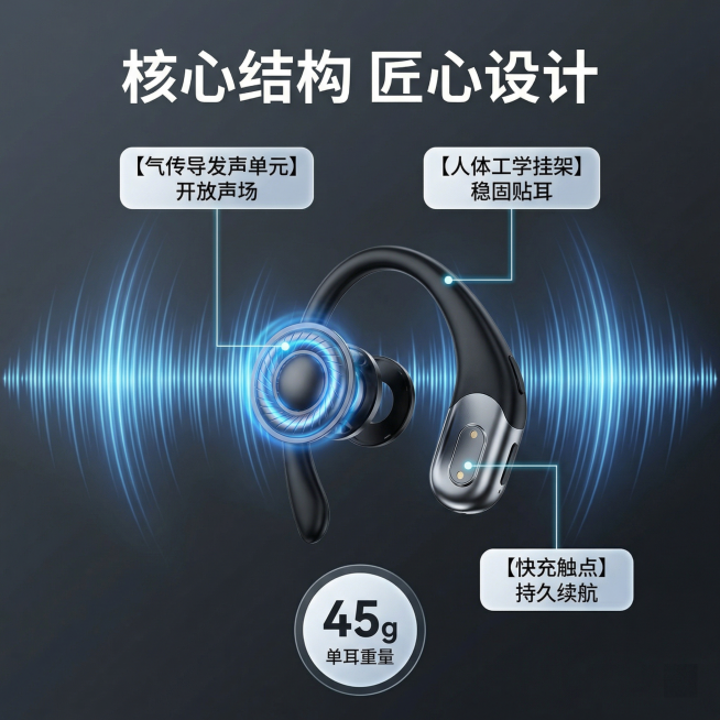 [主图 2] RunBeats开放式气传导蓝牙耳机核心亮点展示
[氛围/风格] 科技理性风格，冷调高级质感。
[画面元素] 耳机结构爆炸拆解展示，清晰呈现气传导发声单元、挂耳支架、充电触点三个核心部件预览效果