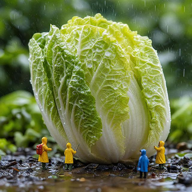 微观摄影，正方形构图，一颗新鲜饱满的娃娃菜作为主体，叶片嫩黄翠绿层次分明，表面挂着晶莹的水珠，旁边有几个微缩小人，小人穿着雨衣在娃娃菜旁活动，下着蒙蒙细雨，雨丝清晰可见，背景为模糊的绿色蔬菜背景，景深极浅，色彩清新自然，细节丰富细腻，超写实质感，电影级打光，氛围感强