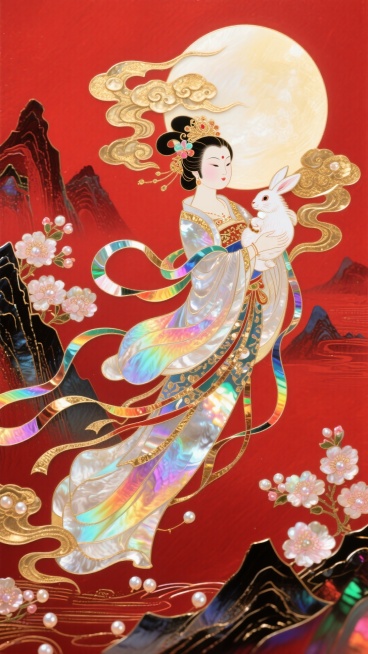 国朝风格，嫦娥怀抱玉兔奔向一轮圆月，嫦娥体态丰满可人，衣摆飘逸。周围环绕着祥云和盛开的花朵，背景山脉，红色底色搭配鎏金色点缀，非常规的动态构图,32K分辨率预览效果