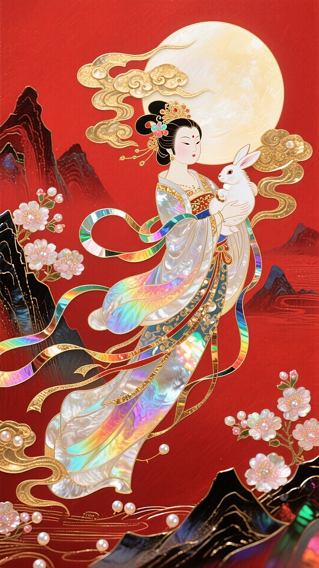 工笔风勾勒嫦娥飞天，鎏金云纹与刺绣花瓣交织，红底浮雕山河衬托梦幻月色，国潮美学演绎中秋唯美仙韵。