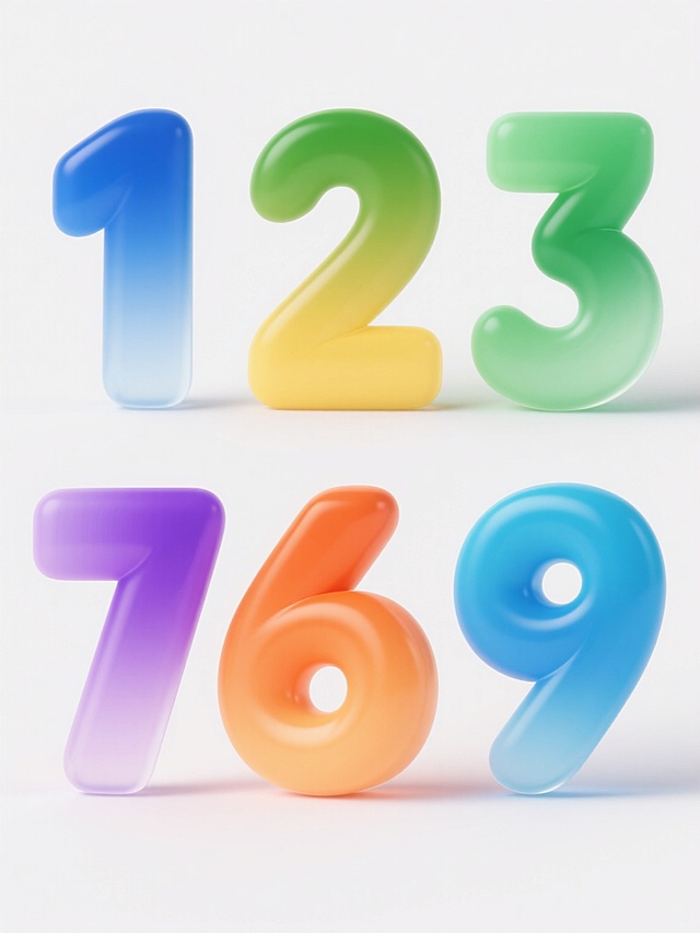 一组六个完全不同的3D立体数字设计，每个数字采用不同的纯色渐变配色方案（如蓝色渐变、绿色渐变、黄色渐变、紫色渐变、橙色渐变、青色渐变），保持与原数字相同的现代简约风格、光滑曲面、半透明高光效果和清晰阴影，所有数字在白色纯色背景上以规整的两行三列网格排布，整体呈现出统一的设计语言和视觉美感。