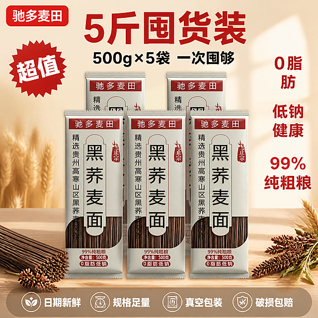 [主图-5] 黑荞麦面规格服务 多包囤货装。
[氛围风格] 拼多多风格，大字直白性价比，囤货划算感，服务承诺打消顾虑；
[画质] 商业摄影质感、光线均匀明亮、产品清晰真实、画面干净有品质感。
[元素] 画面中央整齐排列5袋驰多麦田黑荞麦面，呈阶梯式堆叠展示，前排3袋后排2袋，每袋包装外观（物理结构、材质质感、颜色、文字排版）与输入产品图保持绝对一致，杜绝任何变形和色差。包装前方散落少量深褐色荞麦面条与几穗荞麦。背景为浅米色渐变背景，底部有浅木色台面承托，后方有虚化的麦穗光影装饰。商品主体（5袋组合）占比约70%。画面满屏无边框。
[光影] 均匀柔和的影棚暖光，从前方略偏上照射，每袋包装都有清晰正面展示，底部有自然投影，整体明亮通透，无硬阴影。
[配色] 主色浅米黄+深褐；辅色原木棕；强调色中国红（价格与服务标签）。
[视角构图] 平视略偏俯，5袋包装阶梯排列为视觉中心，景深中等，所有包装正面完整不裁切。
[文字版式] 顶部居中大字主标题"5斤囤货装"红色超粗黑体最大号；下方辅助短句"500g×5袋 一次囤够"约半高、黑色粗体。左上红色爆炸贴标签"超值"白字。右侧竖排三行红色粗体数字+说明：「0脂」「肪」「低钠」「健康」「99%」「纯粗粮」。底部通栏半透明悬浮条（两端留空），横向排列四个服务图标加文字：「日期新鲜」「规格足量」「真空包装」「破损包赔」，图标为简约线条风，文字白色粗体。左上角"驰多麦田"品牌Logo。
[输出要求] 1:1比例，文字清晰锐利，超高清商业摄影质感。
[负向提示词] 变形，文字错乱，产品图模糊，背景杂乱，水印，电商平台Logo，多余的手，畸形手。