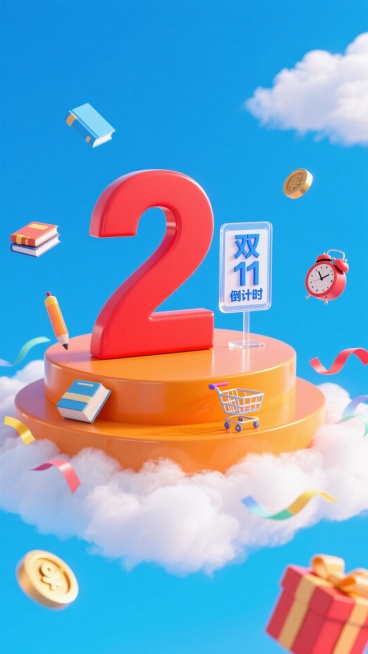 云层上橙色双层展台，上面有巨大的红色数字 “2”，搭配透明小牌子上蓝色小字“双11倒计时”；展台搭配书本、文具、闹钟、购物车、礼盒，悬浮点缀金币、彩带，蓝天背景预览效果