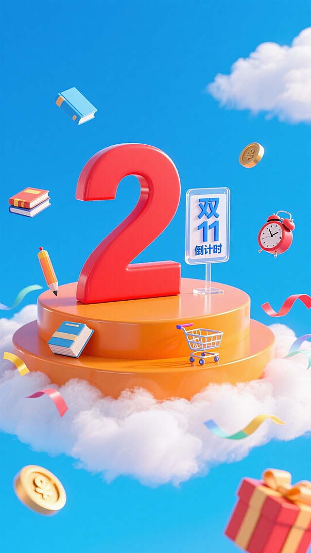云层上橙色双层展台，上面有巨大的红色数字 “2”，搭配透明小牌子上蓝色小字“双11倒计时”；展台搭配书本、文具、闹钟、购物车、礼盒，悬浮点缀金币、彩带，蓝天背景