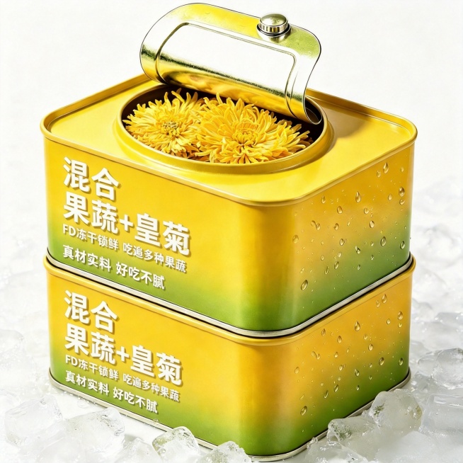修正图片文字，将“混合果皇菊”改为“混合果蔬+皇菊”，两行文字排版，保持原有包装配色、构图和设计风格不变预览效果