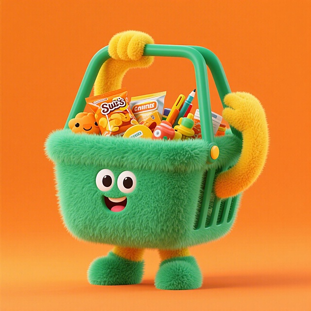 毛茸茸的3D卡通购物篮拟人化设计，萌趣十足，充满可爱与趣味感，橙色背景衬托节日氛围。