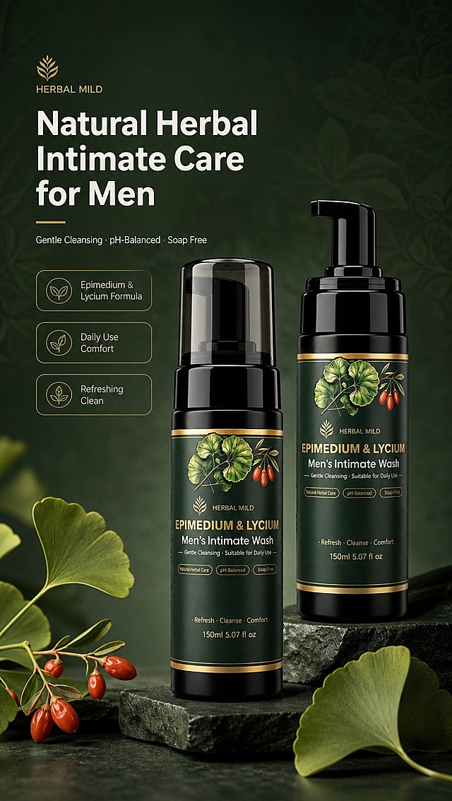 [商品] 使用【图1】Herbal Mild 男士私密护理洗液（Epimedium & Lycium Men's Intimate Wash），两瓶为同一产品不同泵头角度；保留深墨绿色瓶身、金色装饰线、银杏叶与枸杞图案、瓶身全部英文文字、Logo、按压泵结构、150ml 容量比例、黑色泵头颜色与材质；产品真实功能方向为男士私密部位温和清洁护理。
[画面] 页面目标：高端草本男士私密护理头图，建立品牌第一印象。构图采用产品海报型，两瓶产品居中偏右错落摆放，左上方留白放文案，产品占画面约 55%；前景有少量天然草本叶片（银杏叶、枸杞枝）点缀，中景为产品主体，后景为深墨绿到橄榄绿的低饱和渐变背景带细腻植物纹理；阅读动线从左上标题到右侧产品；整体氛围高端、干净、男性化、草本自然。
[视觉] 套系策略：风格=跨境极简高级商业摄影风；标题字=现代无衬线粗体（英文字体）；正文字=简洁无衬线体；主色=深墨绿（#1a3a2a）；背景延展=基于深墨绿做深浅层级渐变、同色系橄榄绿过渡、细腻哑光纸张/植物纹理质感；强调色=金色（#c9a962），仅用于小面积图标、引线、标签和标题装饰线；标题色=米白色（#f5f0e6）；正文色=浅灰绿（#d4dcd6）；组件=圆角深底信息卡、细金线引线、草本图标；光影=左前侧柔和自然光，产品表面有细腻高光与反射，阴影柔和自然。
[文字] 左上区域放文案，主标题："Natural Herbal Intimate Care for Men"，副标题："Gentle Cleansing · pH-Balanced · Soap Free"，下方 3 个短卖点胶囊："Epimedium & Lycium Formula"、"Daily Use Comfort"、"Refreshing Clean"；文字全部横向排版，不遮挡产品主体和瓶身关键文字；英文表达地道，首字母大写规范。
[规格] 图片比例 9:16 竖版，4K 分辨率，负向提示：避免变形、错字、文字过小、中文文字、亚洲面孔、冷蓝/蓝灰背景、产品颜色改变、瓶身文字错乱、夸大医疗功效表述、绝对化用语。