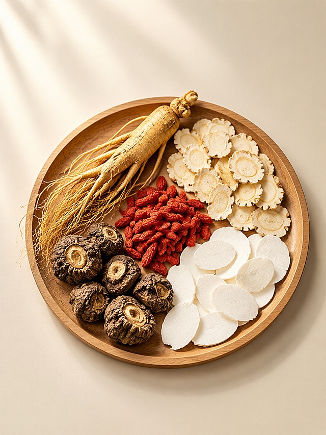 超写实中式养生食材摄影。
主体：圆形原木托盘中的草本食材严格参照上传图的构图与摆盘方式，将原有的中草药元素替换为：人参、玛咖、枸杞、山药、西洋参五种药材，每种药材形态完整、纹理清晰、色泽自然真实；托盘与整体俯视构图保持不变。产品占画面约60%，完整不裁切，45度俯拍，背景无其他同类产品。
构图：居中对称俯视构图，木盘位于画面中心。
风格：新中式养生风。
场景：极简纯色米杏色背景，柔和渐变光影，营造温润滋补的养生氛围。
空间：①背景，米杏色哑光高级背景纸，顶部有柔和的窗光光斑；②承载面，同色系米杏色哑光台面，木盘平稳放置。
食材陈列：①木盘左上区域，整支人参带须根，浅黄褐色，纹理清晰；②木盘右上区域，西洋参切片，淡黄白色，断面纹理清晰；③木盘左下区域，玛咖干果，深褐色，形态饱满；④木盘右下区域，山药切片，洁白色，质地细腻；⑤木盘中央区域，红枸杞，鲜红色，颗粒饱满有光泽。
配色 / 材质：米杏色 / 原木棕 / 人参黄褐 / 西洋参米白 / 玛咖深褐 / 山药纯白 / 枸杞鲜红；原木 / 草本药材天然质感。
光影：主光从左上方45°斜射，暖调柔和自然光，药材表面呈现自然高光与细腻阴影，木盘边缘有柔和投影，整体光线均匀温润。
参数：4K写实光追，微距质感。严格锁定宽高比为3:4。