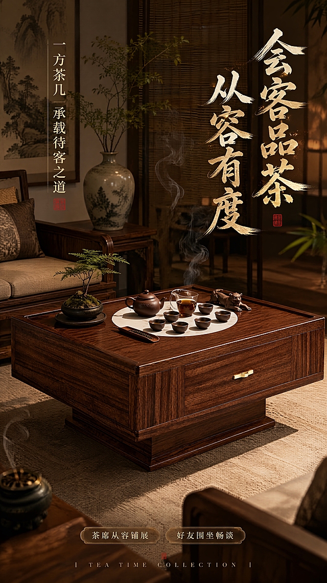 [第3张] 会客泡茶场景页——茶盘茶具摆放使用场景。本张使用【图1】作为商品主体。
[氛围/风格] 奢华新中式禅意轻奢风，静谧雅致，会客待客氛围，商业摄影，无人物。
[元素布局] 茶几置于画面中下部，45°斜侧视角，占比约55%。茶几中央圆形岩板区域摆放整套精致功夫茶具：紫砂茶壶、品茗杯、公道杯、茶则、茶宠，茶烟袅袅（意境表现）。茶几一角摆放小型禅意绿植盆栽。产品结构、比例、木纹、岩板、金色拉手与输入图完全一致。背景为新中式会客厅场景：实木沙发、山水挂画、陶瓷花瓶、竹帘、香炉，氛围静谧高级。
[光影质感] 侧上方暖光，茶具与岩板有柔和反光，木纹温润，整体光影层次丰富，禅意氤氲。
[配色色系] 全局底色深棕暖木色；主色乌金木深棕+白色岩板；辅助色紫砂褐、青瓷青、金色、墨绿；点缀色暖黄灯影。
[视角构图] 45°微俯视，茶几茶具为视觉中心，阅读动线上方标题→茶几茶场景→下方文案。
[文字版式] 右上艺术字竖排或横排主标题「会客品茶 从容有度」，新中式书法艺术字体，笔画有飞白花样，深棕色+金色描边。左侧副标题「一方茶几 承载待客之道」。下方2个小标签：「茶席从容铺展」「好友围坐畅谈」。底部英文装饰「TEA TIME COLLECTION」。
[比例分辨率] 9:16竖版比例，4K分辨率，文字清晰可辨，高清画质。
[负向提示词] 人物出现，产品变形，水印，文字错乱，内部结构，颜色偏差，现代感过强。