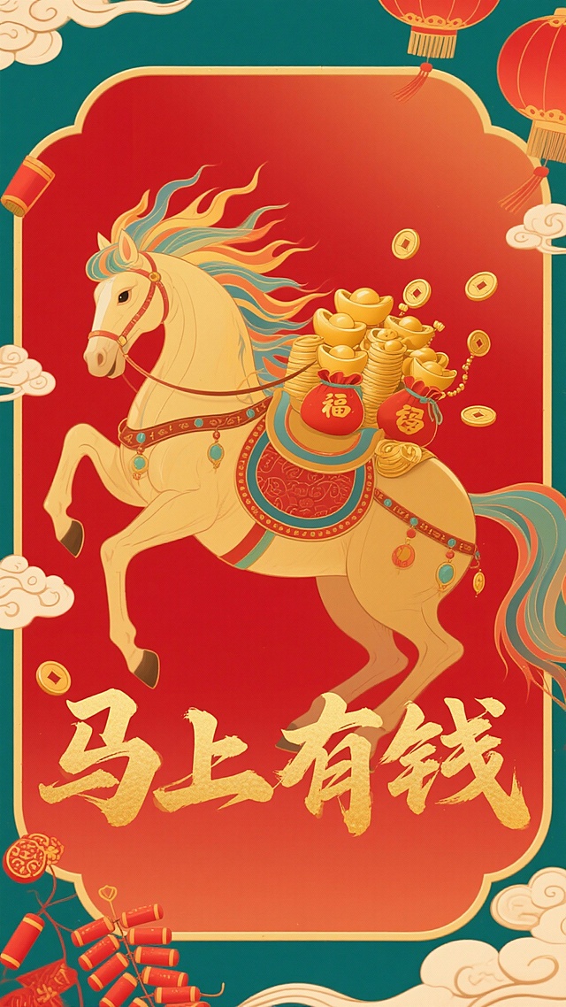 国潮风插画，剪纸与鎏金元素结合，骏马驮金寓意“马上有钱”，红金配色尽显喜庆中式感，大字书法点睛节日氛围。