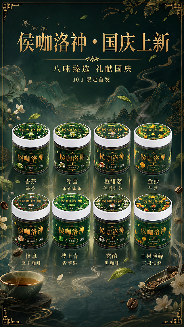 去掉海报底部的「茶香咖韵 共庆华诞」文字以及底部的金色装饰分割线，其余所有内容保持不变：顶部标题、副标题、10.1限定首发文字、8罐产品及其名称标注、背景的水墨山水茶叶元素、左下角茶杯、右下角咖啡豆茶勺装饰、四周回纹边框等全部原样保留。产品包装100%保真，图案文字颜色均不改动。整体风格、光影、色调与原图完全一致，仅移除底部文案和分割线，让底部画面更干净完整。