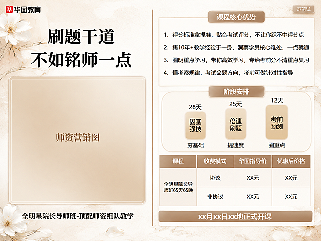 将第二张图的整体设计风格替换为第一张图的新中式雅致风格，保持第二张图原有的所有文案内容、排版结构、模块分区和布局位置完全不变，只替换视觉风格。

【风格适配要求】
- 背景：替换为第一张图的米白/浅米色宣纸质感背景，带有淡雅的白色花朵（山茶花/玉兰花）、花瓣、水墨纹理、金色细线条装饰，整体温暖雅致
- 配色体系：替换为第一张图的奶茶棕/卡其色/米金色配色体系，主色调为浅棕褐色、米色、香槟金，点缀红色（用于价格/强调数字），去除原有的蓝色主色调
- 卡片/模块边框：替换为第一张图的圆角白色卡片，带浅米色/浅棕色描边或柔和阴影，表头使用浅棕褐色渐变底配白色文字
- 按钮/标签：顶部橙色标签替换为第一张图的浅棕褐色/米金色圆角标签样式，底部蓝色按钮替换为第一张图的棕褐色渐变按钮配白色文字
- 标题字体：主标题替换为第一张图的黑色粗体书法/宋体风格大字，更有质感
- 师资图占位蓝色块：替换为第一张图的浅米色/浅棕褐色渐变底，与整体风格统一
- 表格：表头由蓝色改为浅棕褐色渐变底白字，表格内容区白底，分隔线为浅米色
- 阶段安排的三个蓝色方块：替换为第一张图的浅棕褐色/米金色圆角方块样式，文字为深棕色或白色
- 整体氛围：雅致、温暖、高端、新中式教育风，与第一张图视觉调性一致

【硬约束】
- 第二张图中的所有文案文字必须完整保留，一字不改，位置不变
- 第二张图的排版结构、模块数量、相对位置、面积比例必须保持不变
- 只改风格、配色、背景、装饰元素，不改内容和布局
- 画面中所有数字必须精确渲染，不得错位、遗漏或编造