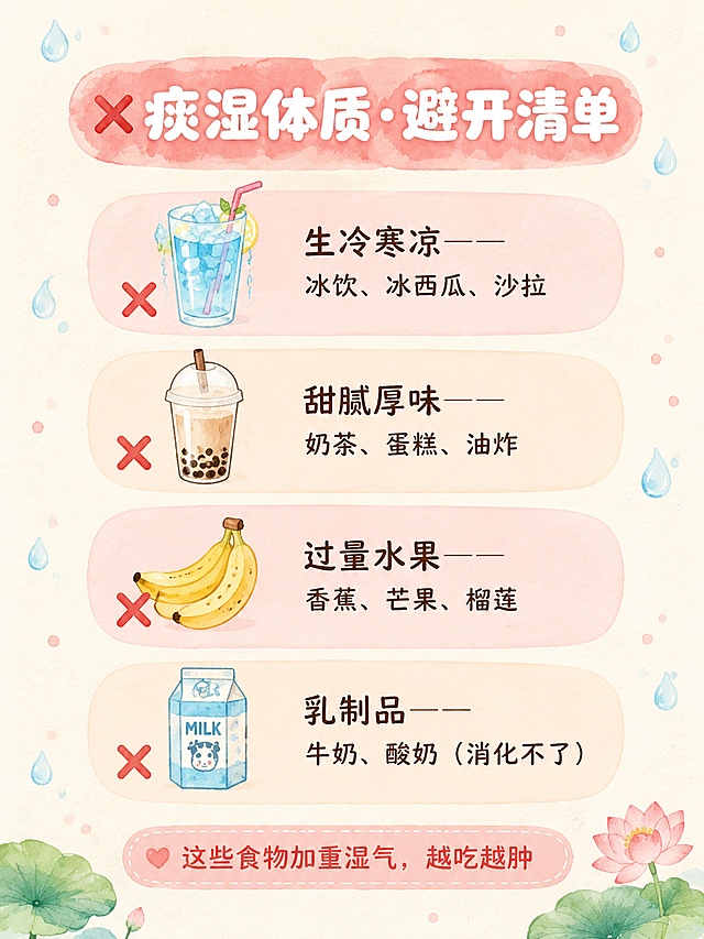 竖屏小红书内页图，比例3:4，治愈系水彩手绘国风养生风，浅米奶黄色柔和纸纹底色，无厚重外边框，轻盈通透。顶部居中用圆润卡通立体白色字体显示“❌ 痰湿体质·避开清单”，文字用浅红色底纹包裹。主体用四个不规则圆角气泡框纵向排列，采用浅粉色系交替填充，每个气泡框左侧绘制对应物品的手绘简笔画并添加红色叉号：气泡1：画冰饮料+红色叉号，右侧文字“生冷寒凉——冰饮、冰西瓜、沙拉”；气泡2：画奶茶+红色叉号，右侧文字“甜腻厚味——奶茶、蛋糕、油炸”；气泡3：画香蕉+红色叉号，右侧文字“过量水果——香蕉、芒果、榴莲”；气泡4：画牛奶盒+红色叉号，右侧文字“乳制品——牛奶、酸奶（消化不了）”。底部用浅红色小提示框显示“这些食物加重湿气，越吃越肿”。画面四周用淡彩小水珠、小红点点缀。所有文字无扭曲、无笔画错乱、字体完整清晰，禁止文字重叠变形，信息层级清晰。整体氛围：治愈轻盈、软萌童趣的国风养生夏日感。画质：4K超清细腻，文字完整处于安全区内不可裁切，四周留安全边距。画面比例 3:4，4K。