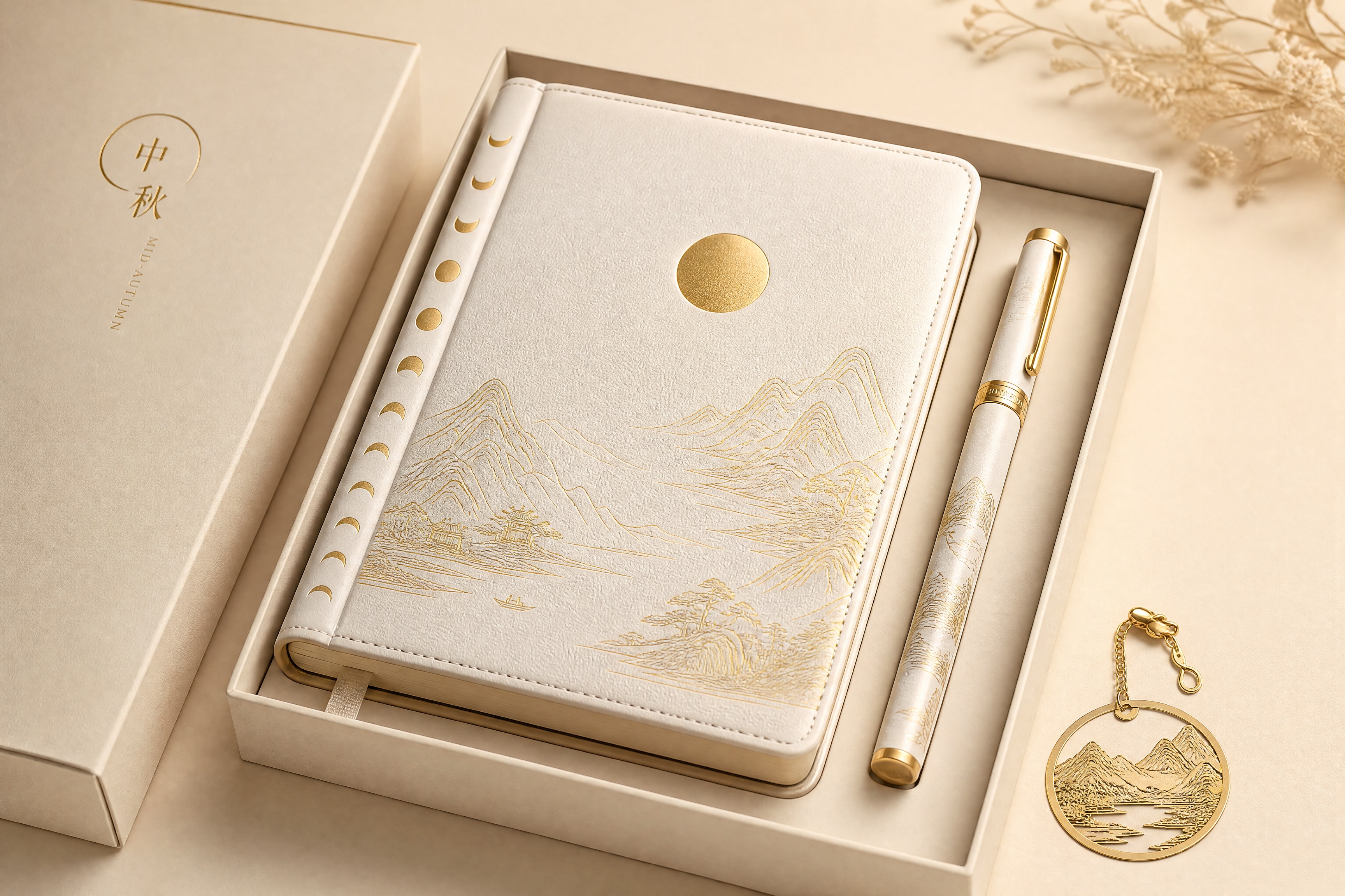 高端中秋笔记本礼盒产品摄影图，米白色皮质封面笔记本，封面上有烫… - 图片创意预览