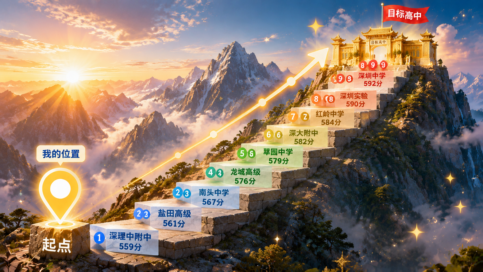 基于参考图修改：将阶梯设计成更真实的石阶/登山阶梯质感，有明显… - 图片创意预览