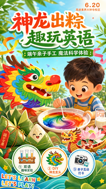 卡通插画风格的端午节亲子活动海报，9:16竖版，色彩鲜亮明快，整体童趣活泼。主标题文字为"神龙出粽 趣玩英语"，副标题文字为"端午亲子手工 魔法科学体验"，右上角标注"6.20 高途素养大钟寺校区"。预览效果