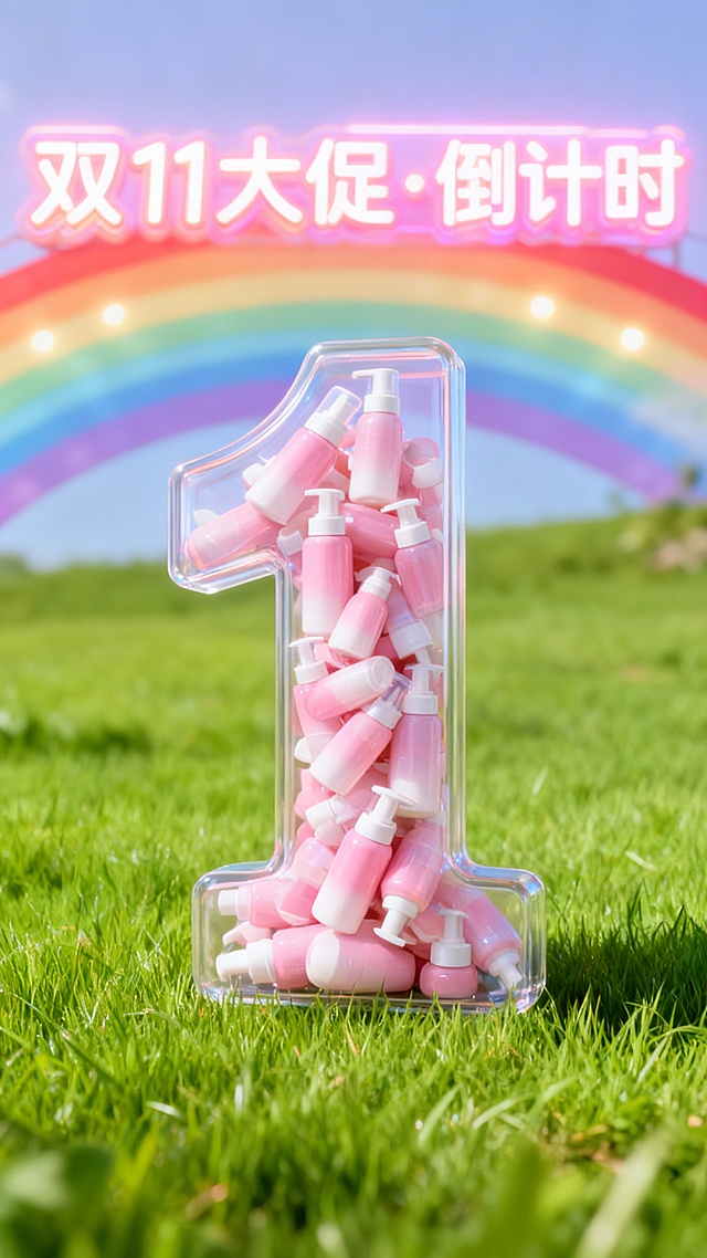 将图中的商品裂变出无数个（商品比例外观一致），通过旋转堆叠的方式填充到“1”数字形状的透明容器中，透明容器被商品填满不留一丝空隙。“1”立在草地上，柔和的光泽纹理，背景是彩虹。画面顶部为巨大荧光质感文字灯牌“双11大促·倒计时”。