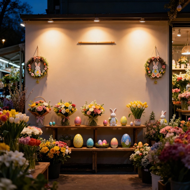 生成10张复活节国外的咖啡厅、服装店、商场、卧室、客厅、餐厅、餐桌布景，整体要有一面没有装饰的墙，墙面要正对画面不能斜角，画面里需要放一些关于复活节的摆件和挂饰，墙壁的中间不要放挂饰，尽量每张场景的地预览效果