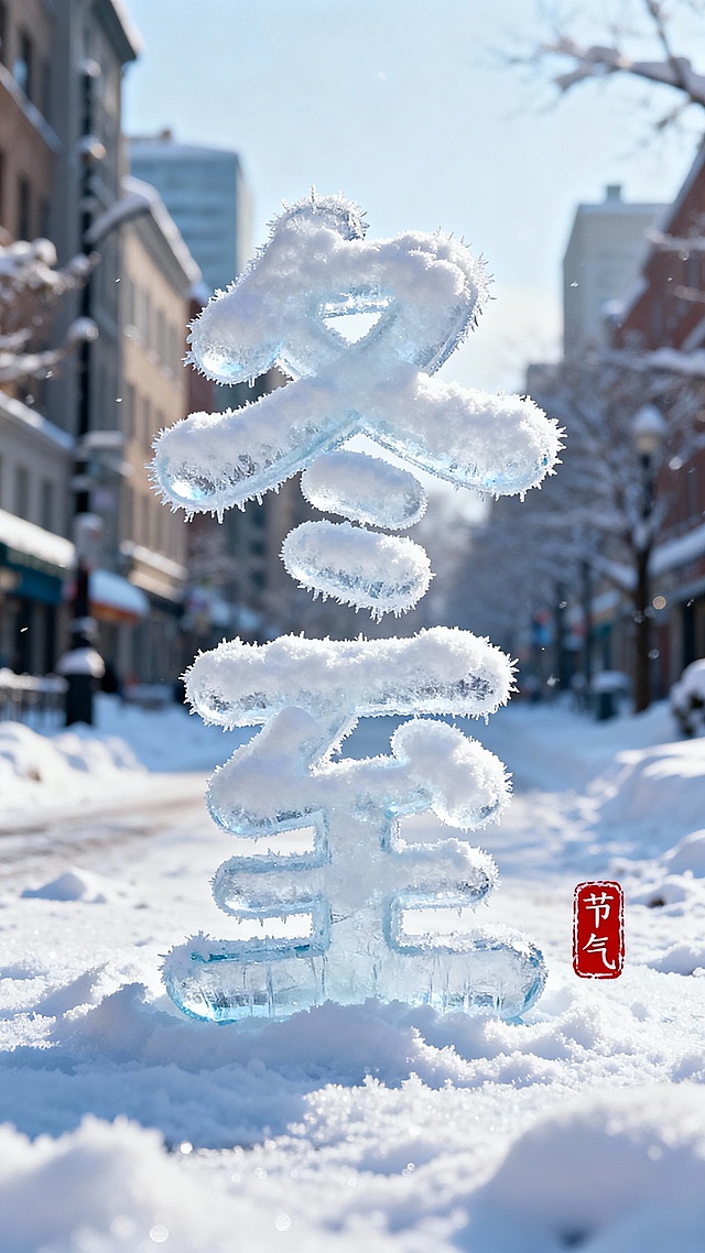 画面中央是冰霜圆润可爱字体形成“冬至” 二字，字体被厚厚的雪覆盖。背景是被雪覆盖的城市街道。旁红色小印章“节气”点缀，整体画面色彩明亮