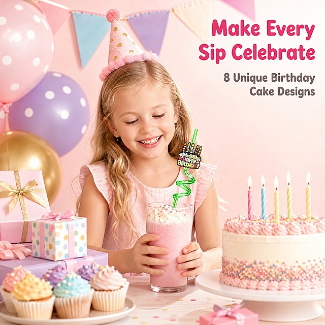 [主图-1] Birthday Cake Spiral Straws Set 人物场景图 生日派对使用场景。
[统一基调] 马卡龙粉+奶油白+浅金色生日派对色调，柔和自然光从左上方45度照射，整体明亮温馨，通透干净，商业摄影质感，字体为圆润无衬线粗体，标题字色深粉色，辅助字色暖灰色，卡片为奶油白底圆角设计。
[画面] 画面中心是一位欧美金发小女孩（6-8岁）坐在生日派对餐桌前，双手捧着一杯粉色奶昔，杯中插着一支带生日蛋糕装饰牌的绿色螺旋吸管，小女孩面带微笑看向杯子。桌上摆放着生日蛋糕、彩色气球、纸杯蛋糕和礼物盒，背景是浅粉色墙面和彩色三角旗拉花，营造温馨欢乐的生日派对氛围。产品（螺旋吸管）清晰可见，蛋糕装饰牌细节完整，吸管的螺旋结构和颜色与参考图一致。产品占画面约40%，人物自然融入场景。
[光影质感] 柔和自然光，主光左上方，阴影柔和不生硬，吸管表面有自然的光泽反射，蛋糕装饰牌有立体硅胶质感，整体画面温暖通透。
[配色] 主色调马卡龙粉+奶油白，点缀浅金、浅蓝、浅紫等马卡龙色系，背景浅粉渐变，整体色调统一和谐。
[文字版式] 右上角标题文字 "Make Every Sip Celebrate" 深粉色圆润粗体大字，下方小字 "8 Unique Birthday Cake Designs" 暖灰色。文字放在负空间，不遮挡人物和产品主体。
[输出要求] 比例1:1，2048x2048，文字清晰可读，产品清晰不变形，人物面部自然，手部正常。负向：变形、错字、模糊、杂乱、水印、平台Logo、多余手指、肢体穿模、面部扭曲。