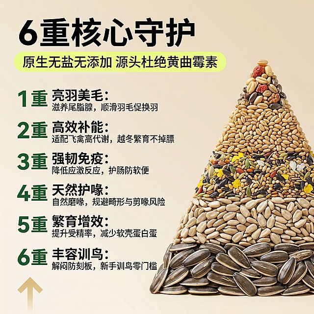 电商详情页功效成分卖点图，8K超高清，商业产品食材摄影风格，光影均匀柔和，画面干净通透层次分明，和前三屏色调完全统一，多屏衔接色彩零色差、风格零偏差、视觉完全统一，全程无任何品牌标识、品牌logo、品牌名称，所有内容围绕鹦鹉专用油葵籽精华浓缩版展开。背景为纯净的浅米黄色渐变纯色背景，与同系列详情页色调完全统一。画面左上角放置第一行黑色超粗黑体主标题 "6 重核心守护"，字号超大占据左上角核心视觉位；主标题下方为荧光嫩黄色圆角矩形色块打底，搭配黑色常规字体副标题 "原生无盐无添加 源头杜绝黄曲霉素"，左对齐排布，与主标题形成清晰文字层级。主标题下方，画面左侧垂直等距排列 6 组功效文字，从上至下依次为 "1 重 亮羽美毛：滋养尾脂腺，顺滑羽毛促换羽""2 重 高效补能：适配飞禽高代谢，越冬繁育不掉膘""3 重 强韧免疫：降低应激反应，护肠防软便""4 重 天然护喙：自然磨喙，规避畸形与剪喙风险""5 重 繁育增效：提升受精率，减少软壳蛋白蛋""6 重 丰容训鸟：解闷防刻板，新手训鸟零门槛"，每组文字均为深绿色超大加粗数字序号搭配黑色常规字体功效说明，字号清晰层级分明，卖点一目了然。画面右侧，从下至上堆叠成金字塔造型的鹦鹉专用食材，每层食材分区清晰，包含带壳油葵籽、去壳葵仁、天然花草籽、谷物种子等，颗粒饱满色彩丰富，质感真实堆叠自然，与左侧 6 重功效形成视觉对应与平衡。画面左下角搭配浅金色简约向上箭头装饰，增加画面动感不抢主体。整体图文对应清晰，卖点传递高效，构图平衡视觉统一，符合宠物食品电商详情页功效卖点展示视觉标准。负面提示词：品牌 logo、品牌名称、文字乱码、仓鼠、金丝熊、鼠类相关元素、硬阴影、明暗反差过大、杂乱元素、画质模糊、色偏色差、高饱和刺眼色彩、肉类加工品、冻干、蔬菜干