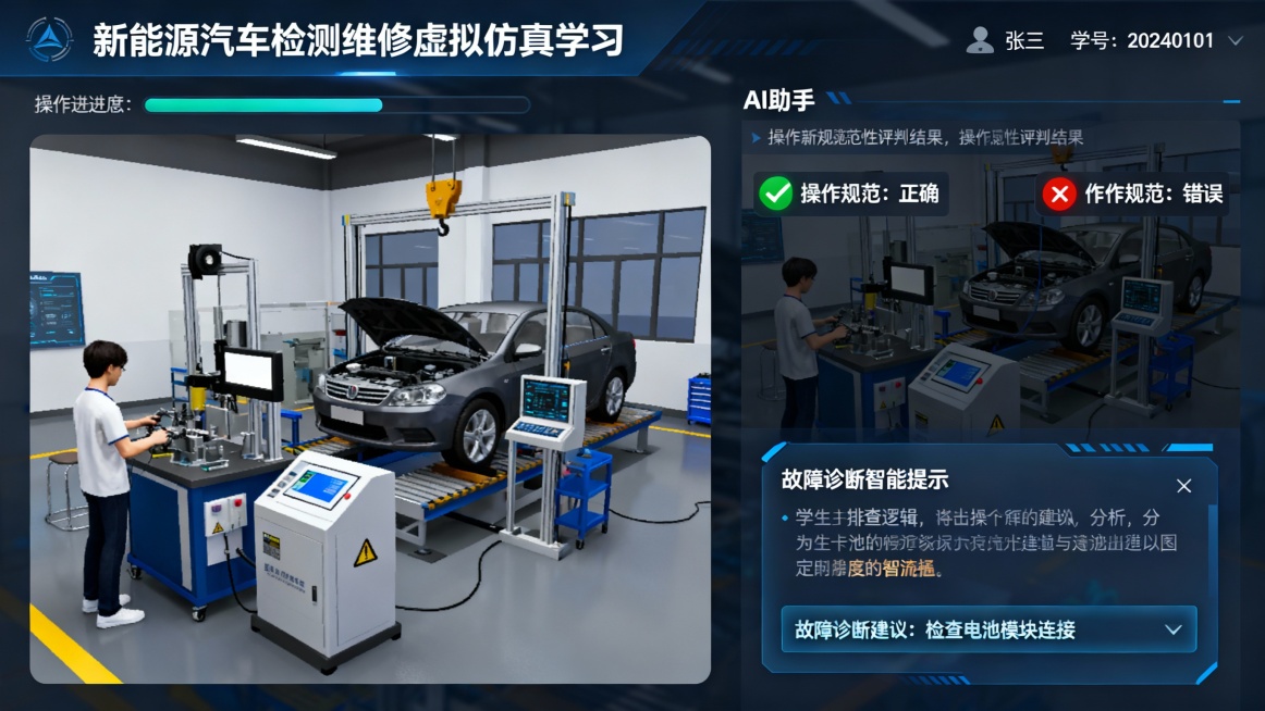 作为一个产品经理，我现在需要你帮我生成的是一个用于开发AI智能学习平台的前端页面设计图，图片中的主要内容是能反映出学生在《新能源汽车检测维修专业》的在虚拟仿真环节中，通过学习平台中的AI助手，实时评判预览效果