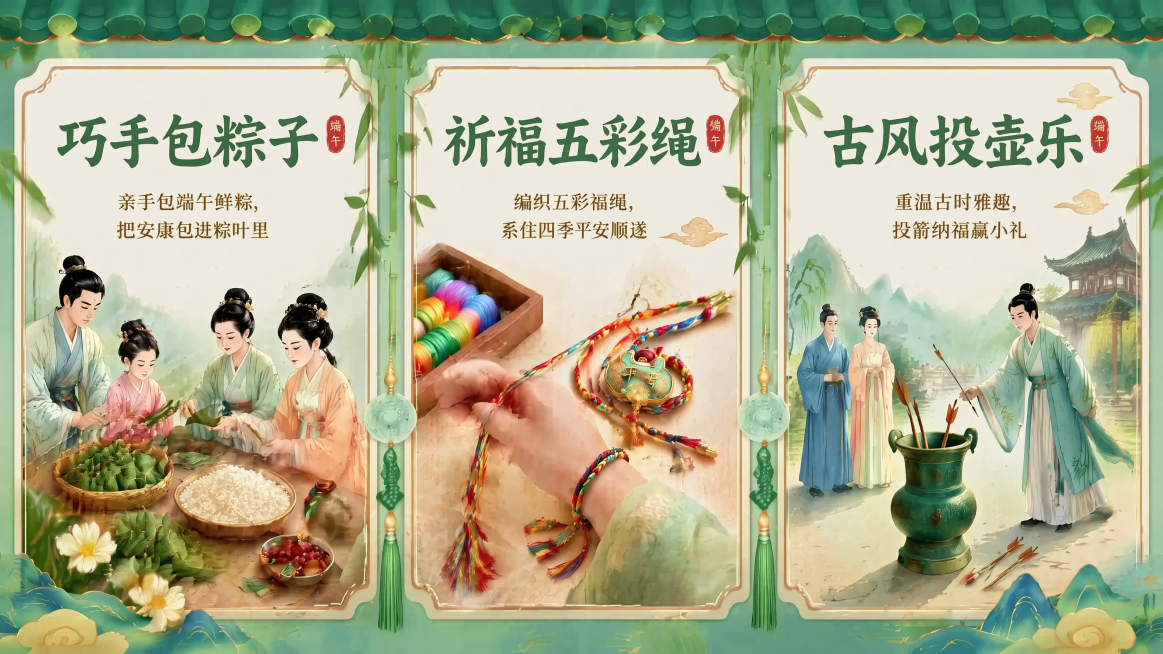 「图片1」1. 第一栏：巧手包粽子
配图：古风人物围坐包粽子插画、糯米、蜜枣、粽叶实拍风图案
文案：亲手包端午鲜粽，把安康包进粽叶里预览效果