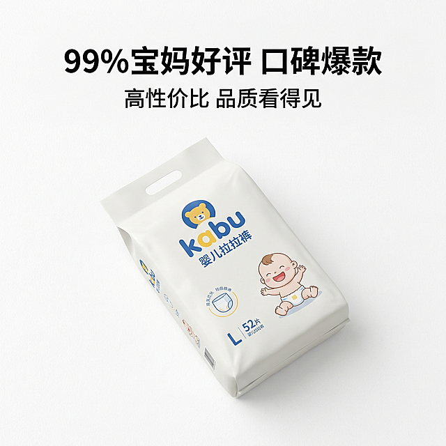 1:1竖版电商主图，纯白极简背景，增加细腻浅纹理，自然空间感，干净大气，方便替换产品。严格还原卡布kabu婴儿拉拉裤产品图，包括包装设计、颜色、LOGO位置、文字内容、图案元素所有细节，产品外观完全一致，不得改变包装设计、配色或品牌元素，保持真实哑光质感。产品斜放展示，简洁大气。主标题："99% 宝妈好评 口碑爆款"，统一粗体字体；副标题："高性价比 品质看得见"。居中排版，简约高级，视觉清爽。禁止复杂装饰，禁止杂乱背景，禁止产品变形，禁止修改包装，禁止模糊。