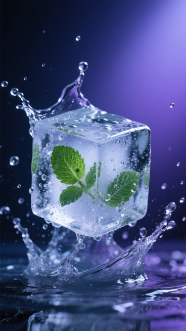 超写实摄影风格，动态抓拍的冰块飞溅瞬间，透明立方体冰块表面带有细密水珠和气泡，部分冰块内嵌新鲜绿色薄荷叶，水花从底部向上溅起形成半透明水幕，背景为深邃渐变蓝紫色调，冷色调光源从斜上方照射，冰块边缘呈现明亮高光，水珠和气泡在光线下闪烁，整体营造出神秘、清凉、梦幻的夜晚氛围，画面构图饱满，主体突出，具有强烈的视觉冲击力和晶莹剔透的质感。预览效果