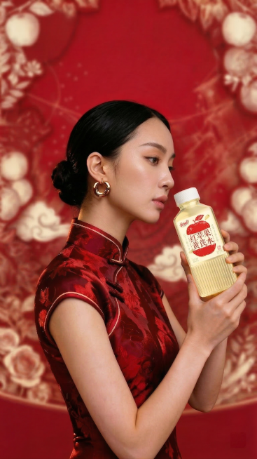 进一步柔和人物妆容：眼影、眼线、唇色全部减淡至日常淡妆水平，皮肤质感通透自然，保留原图构图、红色国风背景与产品细节，高清4K输出预览效果