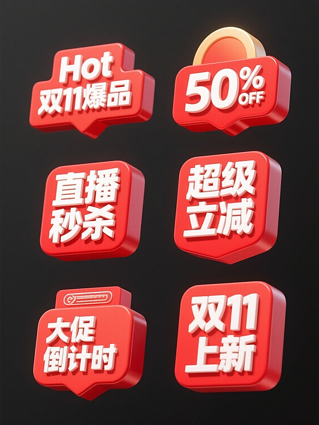 具有强烈促销感的电商促销标签集合，采用3D立体设计风格，红色为主色调，白色为文字和高光颜色，具有明显的渐变光影效果，高光位于右上角，阴影在底部和左侧形成立体感，6个规整排布的促销标签，每个标签均为规整排布的单一促销标签，标签文案分别为“Hot”、“双11爆品”、“直播秒杀”、“超级立减”、“大促倒计时”、“双11上新”，每个标签采用纯色背景，字体为无衬线粗体，文字与3D立体数字“50% OFF”具有相同的材质感和光影表现，整体构图整齐有序，视觉层级清晰，信息传达高效，符合电商大促活动的宣传目的和设计感。
