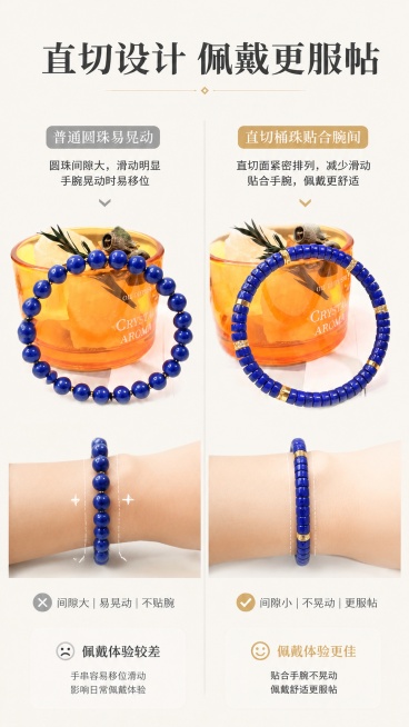 [第4屏修改] 重新生成对比页，本款青金石手串保证形状为正圆形，产品外观颜色结构和原图一致。本屏使用原始商品图修改。
[氛围/风格] 清晰对比说明风格，简约专业，突出设计优势。
[元素布局] 画面左右预览效果