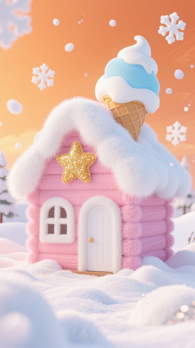 粉色的小木屋（白色门和窗），上面有星星的装饰，屋顶覆盖白雪，房顶上有一个巨大的被雪覆盖的冰淇淋，橙色的天空，周边飘着白色雪花，地面有积雪