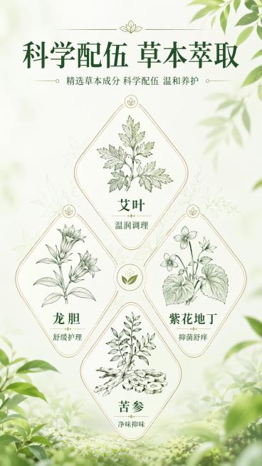 [第3屏] 成分解析专屏-草本科学配伍天然萃取。
[氛围/风格] 天然草本风，浅绿自然背景，清新干净，健康养生视觉质感。
[元素布局] 页面中心放大展示核心草本原料线稿图鉴，包含艾叶、龙胆、紫花地丁、预览效果