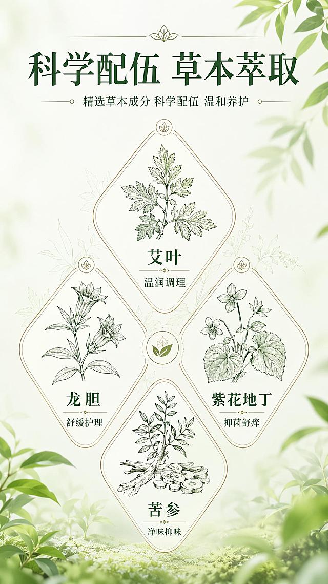[第3屏] 成分解析专屏-草本科学配伍天然萃取。
[氛围/风格] 天然草本风，浅绿自然背景，清新干净，健康养生视觉质感。
[元素布局] 页面中心放大展示核心草本原料线稿图鉴，包含艾叶、龙胆、紫花地丁、苦参四种核心成分；每种成分占画面约20%，排列成菱形布局，下方配简短功效说明；不加入产品瓶身，全画面聚焦草本成分。
[光影质感] 均匀柔光，色彩淡雅通透，整体明亮自然。
[配色色系] 全局底色 #EFF4EA；主色深绿文字线稿；辅助色浅棕轮廓。
[视角构图] 中心聚焦式构图，成分均匀分布视觉平衡。
[文字版式] 顶部主标题「科学配伍 草本萃取」，四种成分分别标注名称+短功效：「艾叶 温润调理」「龙胆 舒缓护理」「紫花地丁 抑菌舒痒」「苦参 净味抑味」；文字清晰分层，字号不小于移动端阅读标准。
[比例分辨率] 9:16 竖版比例，4K分辨率，文字清晰可辨，高清画质。
[负向提示词] 文字错乱，文字过小，元素拥挤，颜色杂乱，水印