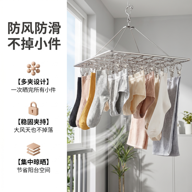 [主图 2] 多夹子晾晒架防风防滑核心卖点展示
[氛围风格] 家居日用清新自然风格，真实阳台场景，大风测试场景
[画质] 商业摄影质感、光线柔和通透、产品清晰真实、画面干净高级
[元素] 不锈钢多夹子预览效果