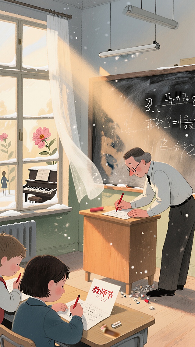 ‌晨光穿透玻璃窗，将三尺讲台染成蜜糖色。粉笔灰在光柱里缓缓沉降，像一场微型雪祭，而教师指尖的红墨水正批改到作文的第三行——那里有学生写您笑起来像解开的几何题。黑板上未擦净的公式与窗外木槿花影重叠，倒映出您弯腰捡拾碎粉笔头的侧影。‌
‌学生在桌子上写着给教师节的贺卡，此刻窗外传来课间操的钢琴声，九月微凉的晨风，吹动了教案纸边角。
