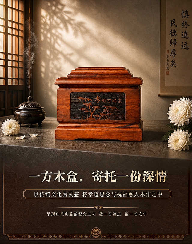 [商品] 使用【图5】孝感天地红花梨骨灰盒侧面图；保留侧面"孝顺可兴家"竹纹雕刻、天地盖分层结构、红花梨暖红棕木色与木纹、方正造型；商品处理：增强整体质感与木纹细节，使产品在场景中更显庄重典雅，不改变结构与比例。
[画面] 整体展示页，产品侧面置于深灰色石质台面中央，占画面约50%；左侧古铜香炉飘轻烟，白菊花瓣散落；右侧白菊花束点缀；后方米白墙面挂书法条幅，窗棂竹影斜照墙面，暖光从左侧窗格洒入；整体营造东方传统美学的静谧庄重氛围，前中后景层次丰富。
[视觉] 套系策略：风格=东方传统美学商业摄影；标题字=宋体衬线粗体（庄重典雅）；正文字=简洁宋体；主色=红花梨暖红棕木色；背景延展=基于暖红棕做深浅层级、米灰暖调渐变、宣纸/石材质感；强调色=暗金色，仅用于小面积图标、引线、装饰线条；标题色=深棕近黑；正文色=中暖棕；组件=圆角木色信息卡、细金线引线、传统回纹装饰；光影=左前侧暖柔光，侧逆光勾勒轮廓，整体暖调庄重静谧。
[文字] 画面下方主标题"一方木盒，寄托一份深情"，副标题"以传统文化为灵感 将孝道思念与祝福融入木作之中"；小字说明"呈现庄重典雅的纪念之礼 敬一份追思 留一份安宁"；所有文字横排，不遮挡产品主体，情感真挚。
[规格] 图片比例790:1000竖版，4K分辨率，负向提示：避免变形、错字、文字过小、冷蓝/冷灰背景、产品颜色改变、现代元素、卡通风格、过度煽情。