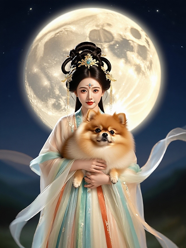 宠物摄影，嫦娥抱着（手部细节准确无错误）参考图的动物（身上的细节一致）。嫦娥看着镜头（嫦娥面容精致，身上飘带飞舞环绕，衣服仙气飘飘）。场景是夜晚的天上，背后一轮巨大的月亮散发柔和的光芒，温暖的光晕。。写真风的摄影风格，借助质感光照和自然光线，展现出质感十足的画面。