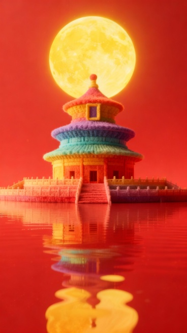 建筑整体呈现出全毛绒质感的风格，毛绒有层次感，毛绒颜色为彩虹色调。建筑保留原始形状，各个部分都如同被几种颜色柔软的毛绒材质精心包裹预览效果