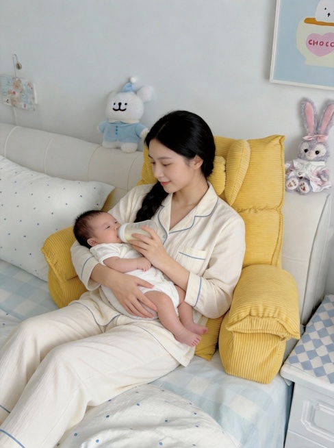 帮我生成几张图片，女性穿着睡衣靠着图片里的大靠枕，抱着婴儿用奶瓶喂奶。几张图片人物保持一致，衣服都要一样，其他不用改变预览效果