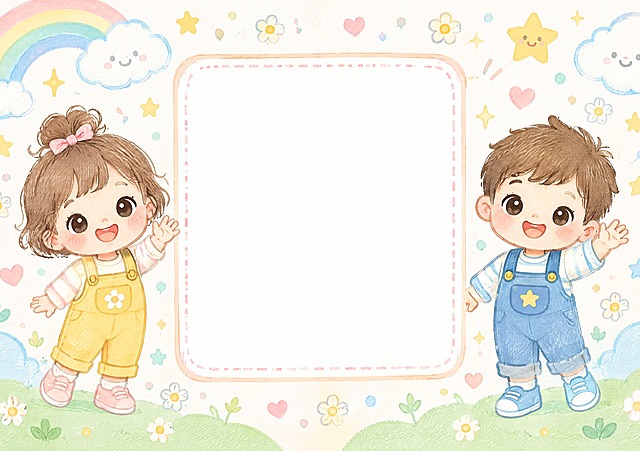 A4横版背景图，可爱手绘风格，画面中间留出一个长方形的粘贴相片位置（空白相框样式，带虚线边框），左右两侧各有一个可爱的幼儿小朋友主动问好的卡通形象，小朋友面带微笑、挥手打招呼，周围点缀星星、爱心、小花朵、彩虹等童趣装饰元素，整体色调柔和温暖，以粉、黄、蓝、绿马卡龙色系为主，线条圆润可爱，充满童真童趣，适合幼儿园主题使用