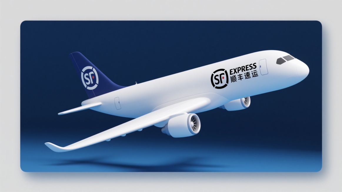 一个现代极简风格的顺丰航空飞机3D渲染图标，纯白色飞机主体搭配深蓝色尾翼，机身上有黑色"SF EXPRESS 顺丰速运"标志，飞机呈45度角倾斜向上飞行姿态，双引擎细节清晰，机翼线条流畅，整体造型简洁大气，悬浮于纯深蓝色背景之上，光影效果柔和，边缘锐利，具有强烈的品牌识别度和专业物流形象感。预览效果