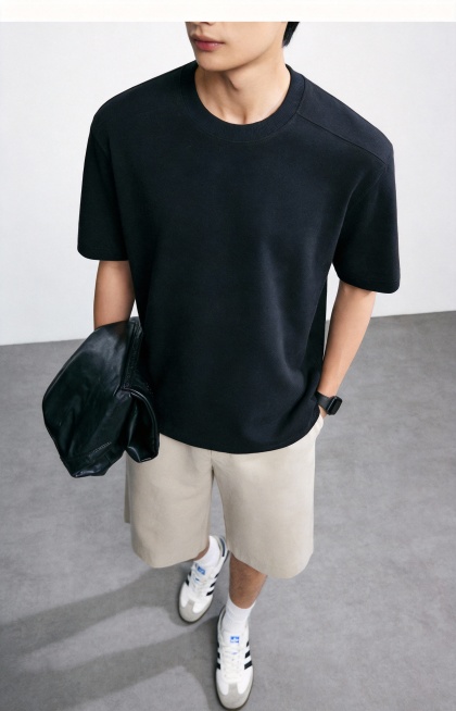 服装贴合：将白底图穿到模特身上。衣服完全贴合模特身形，无违和感，保留白底图衣服原有版型 
场景：灰色地面与白色背景，光线自然，背景简洁
画质要求：写实，8k，高细节，对焦清晰，光线自然，无变形预览效果