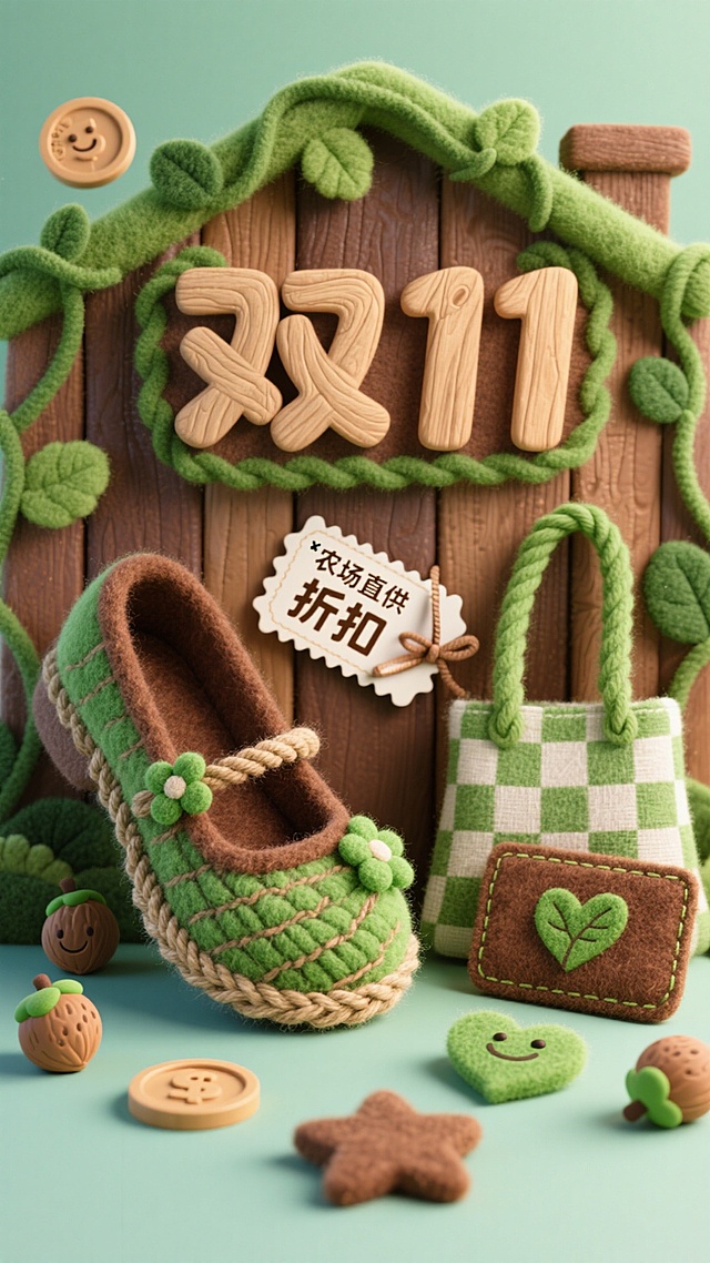 森林木屋元素，双 11 清新促销海报